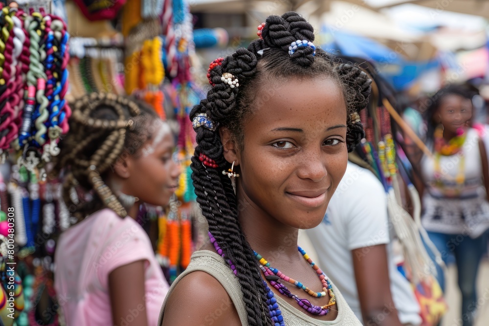 In a lively marketplace, several women proudly display unique braided hairstyles and beads, celebrating community and tradition amidst vibrant stalls.