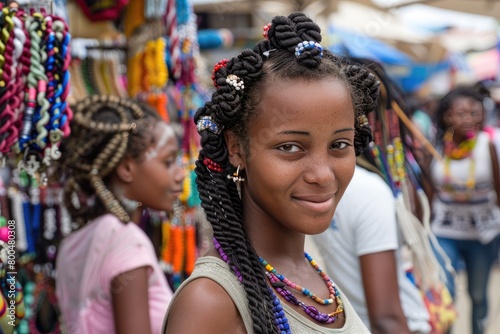 In a lively marketplace, several women proudly display unique braided hairstyles and beads, celebrating community and tradition amidst vibrant stalls.