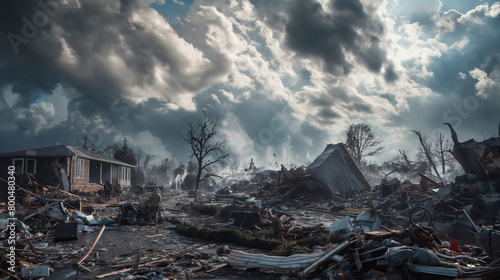 Devastated landscape with homes destroyed by a violent tornado under a dramatic cloudy sky