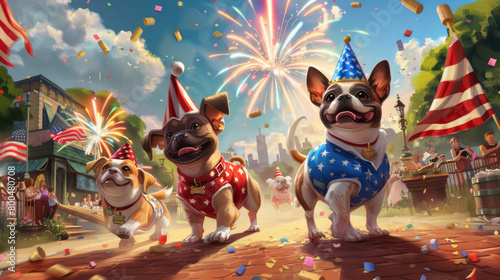 Cartoon Dogs in Patriotic Outfits with Fireworks