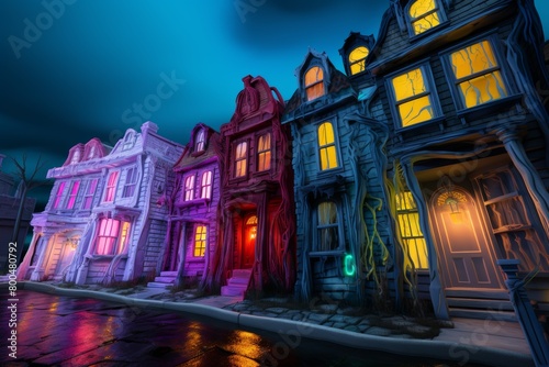 A row of colorful haunted houses at night