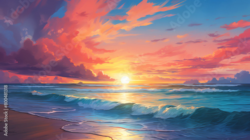 Paint a tranquil beach scene with gentle waves and a sunset sky for a calming meditation app background