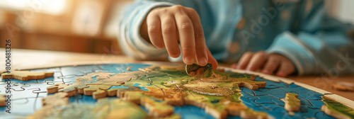 A child's hand placing a puzzle piece on a world map, illustrating concepts of learning and play