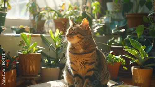 A cute cat is sitting on a white carpet in a room full of green plants. The cat is looking at the camera with a curious expression. The room is filled with sunlight. photo