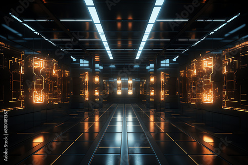 Quantum computer room, glowing nodes, dark atmosphere, high contrast futuristic design © Porawit