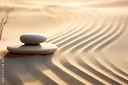 Zen garden with raked sand and minimalistic stones  soft morning light  meditative quietude