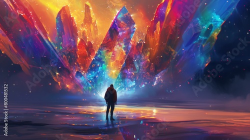 Person standing before vibrant, colossal crystals