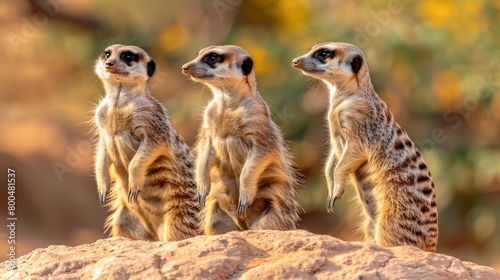   Three meerkats atop a rocky outcropping, surrounded by trees photo