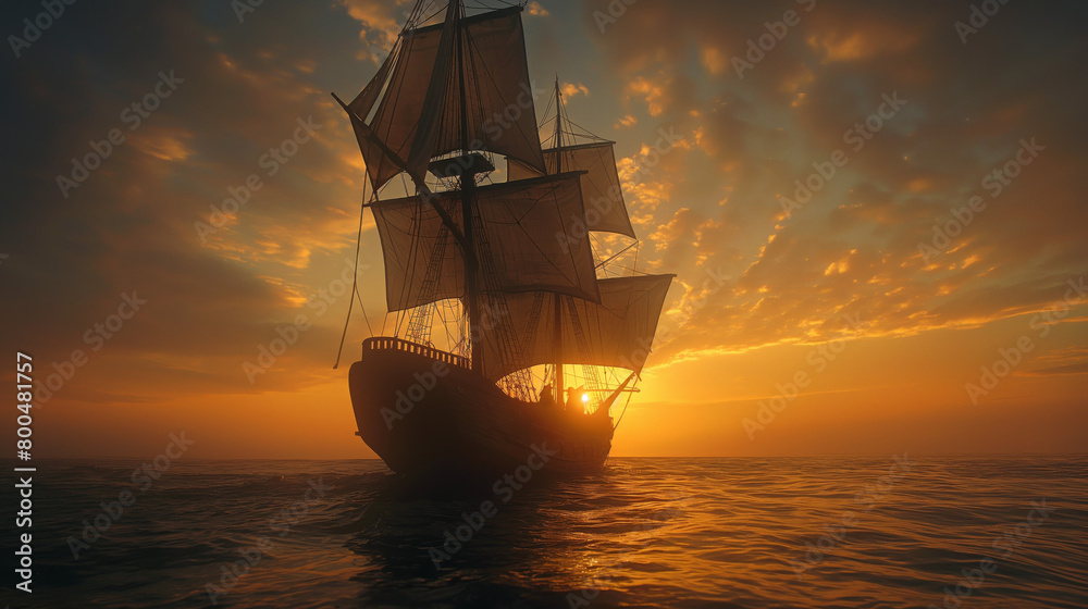A historic sailing ship moves across the ocean, its silhouette set against a stunning, glowing sunset