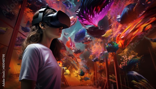 A woman wearing a virtual reality headset is immersed in a colorful virtual world. #800481798