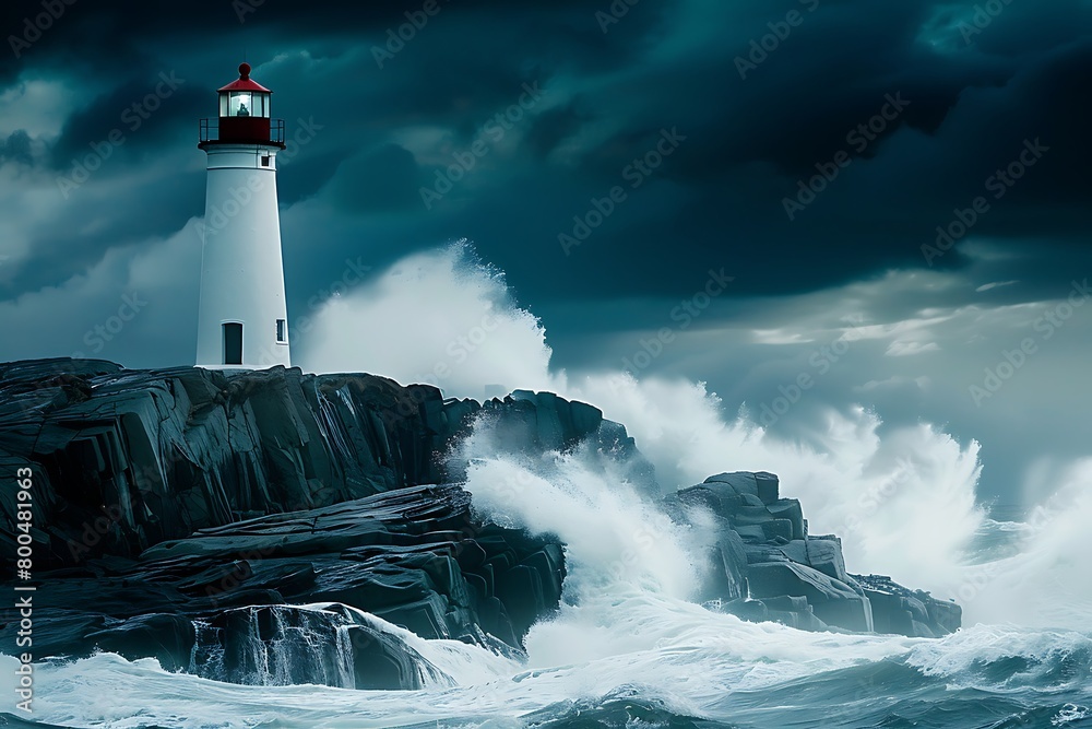 A solitary lighthouse on a stormy coast, waves crashing against the rocky shore