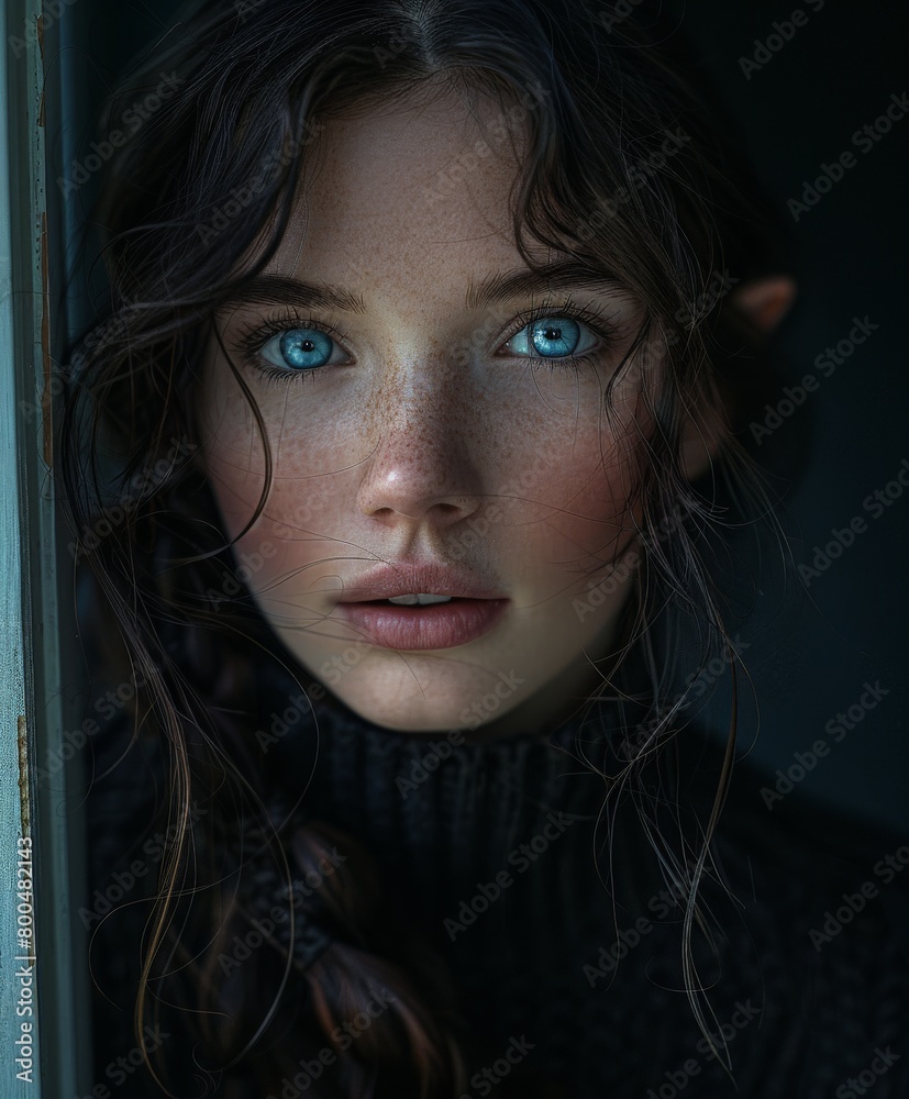 Woman With Blue Eyes Looking Out of Window