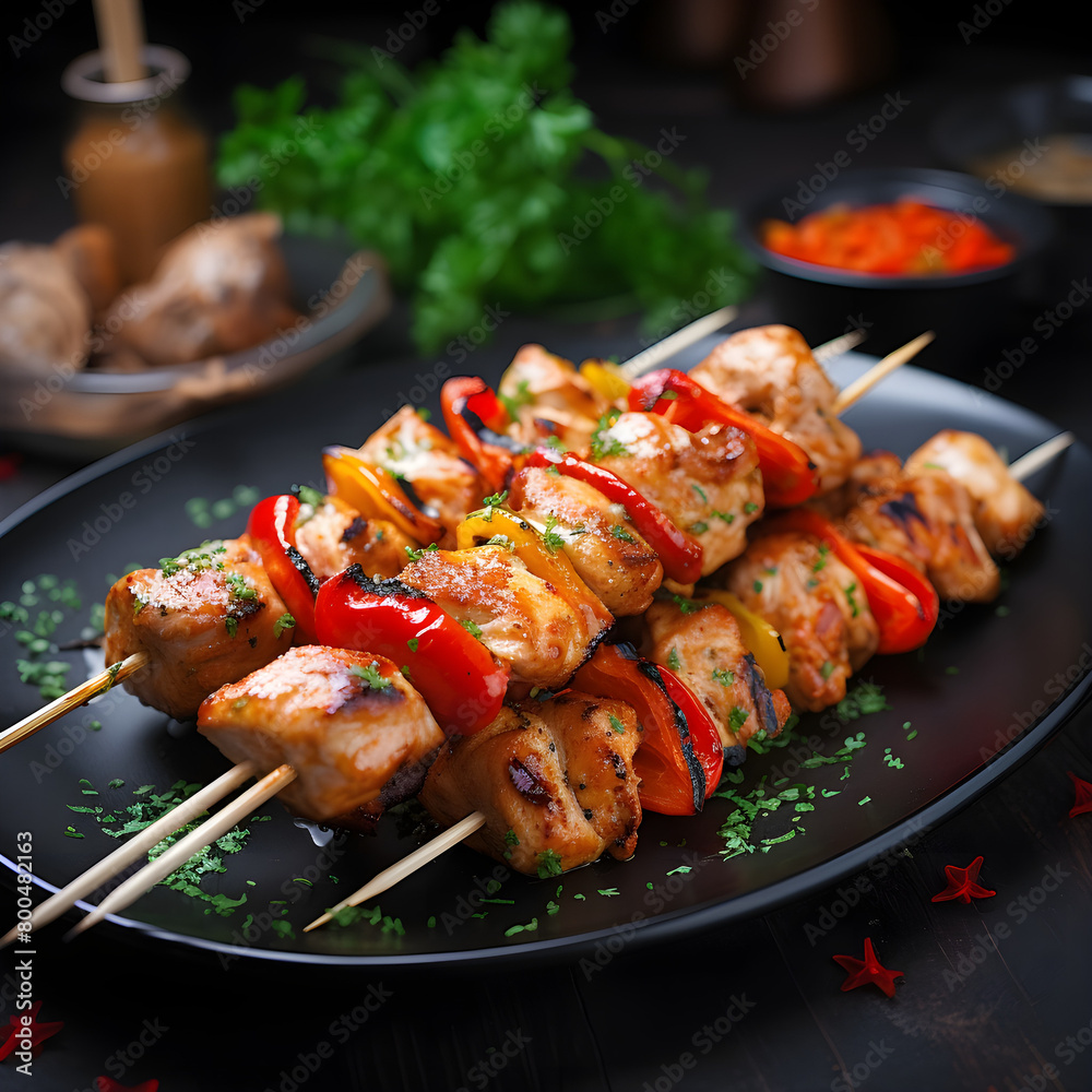 Savory Grilled Chicken Skewers Paired with Sweet Pepper Slices and Savory Dill