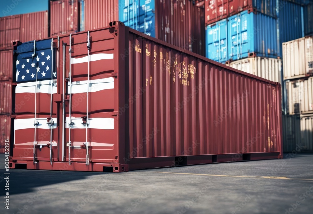 Fototapeta premium 'container american flag usa concept render port export import d america three-dimensional us united state shipping illustration rendering cargo'