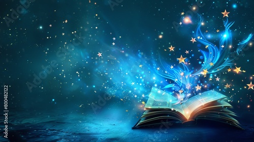 An abstract book adorned with stars on a blue backdrop, symbolizing digital books, web bookstores, and online education. Vector illustration representing a tech-centric concept.