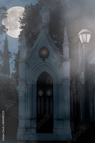 Old eurpean cemetery in a foggy full moon night
