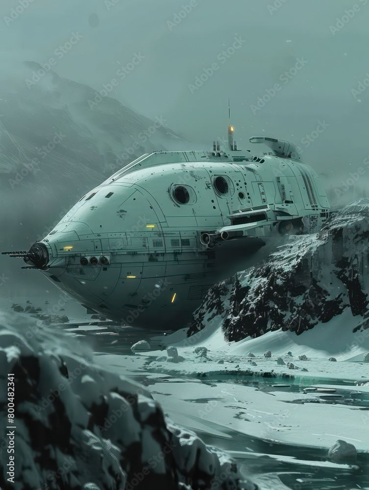 futuristic sleek spaceship on a icy background landscape futuristic sleek spaceship on a icy background landscape