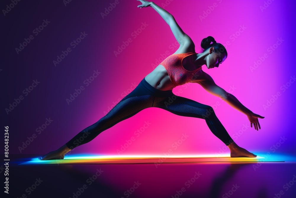 A young woman in a yoga pose with a colorful background