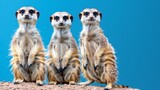   Three meerkats aligned on a dirt mound against a backdrop of azure sky