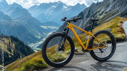 Saffron yellow trail bike on a mountain pass, challenging ride, photo