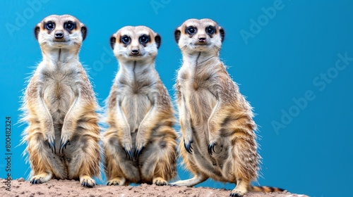  Three meerkats aligned on a dirt mound against a backdrop of azure sky