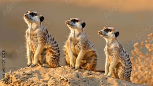  Three meerkats atop a sandy hill gaze upward at the sky