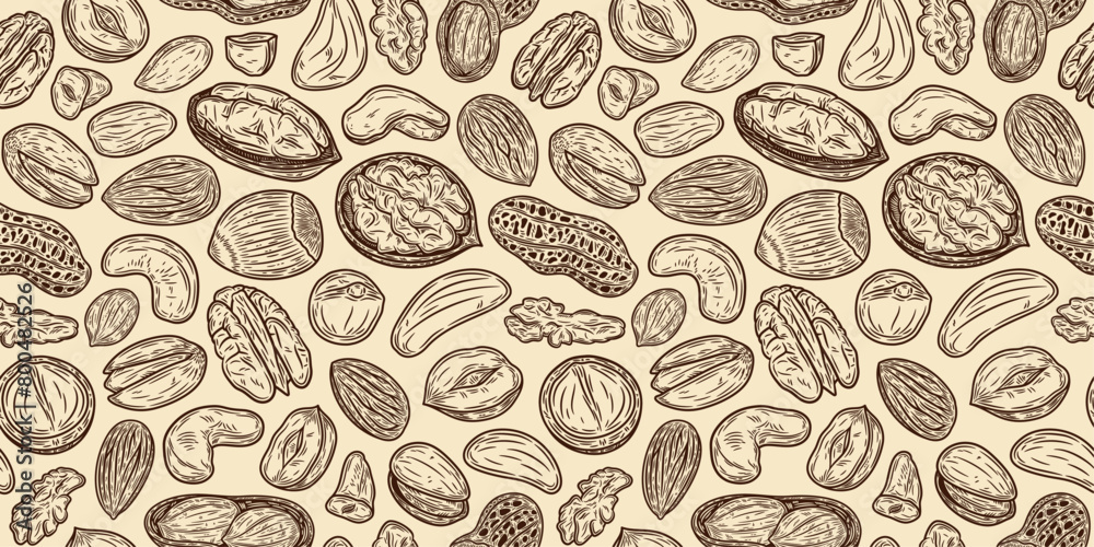 Vector different types of nuts seamless pattern or background. Nut kernels and nutshells illustration