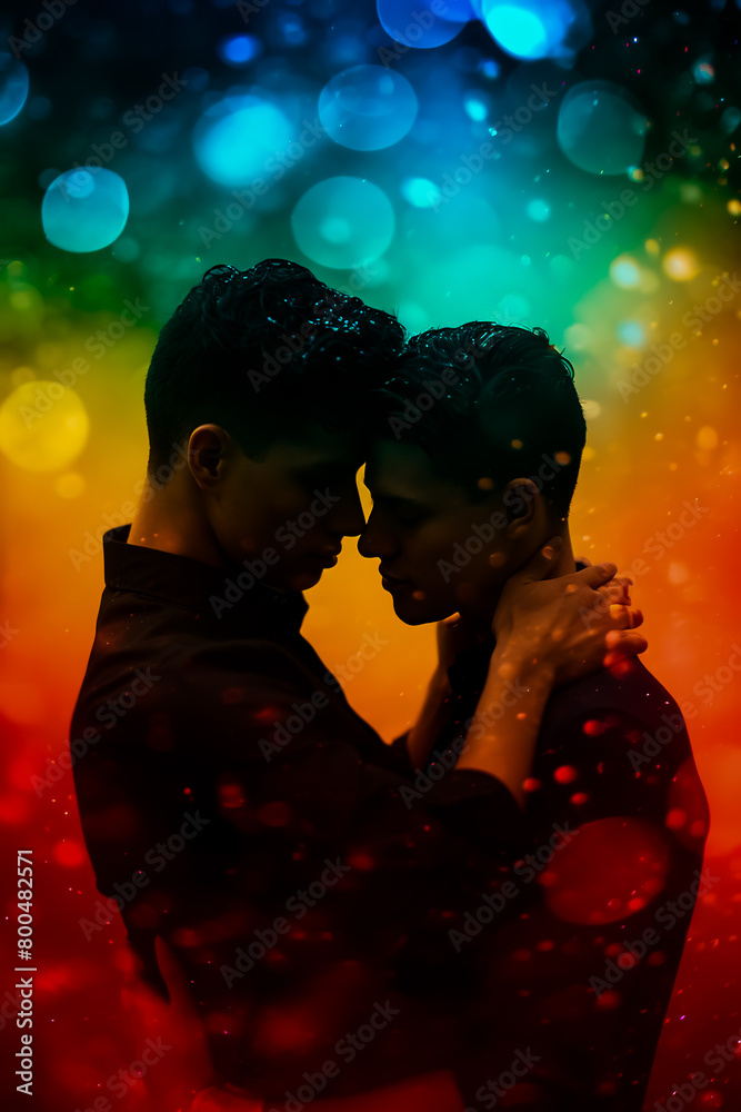 Gay wedding couple male and male embracing with a super colourful background.