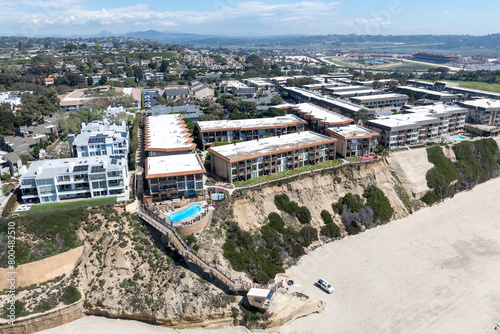Aerial view of Del Mar Shores, California coastal cliffs and House with blue Pacific ocean. San Diego County, California, USA