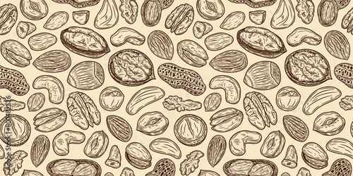 Vector different types of nuts seamless pattern or background. Nut kernels and nutshells illustration