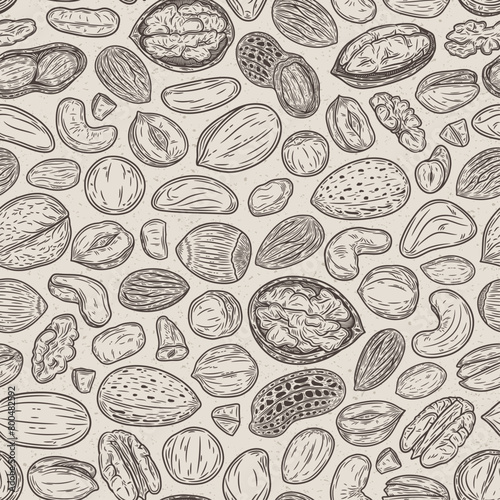 Vector mixed nuts seamless pattern or background. Nut kernels and nutshells illustration