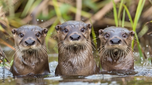   Three otters, heads slightly submerged, mouths agape in water © Viktor