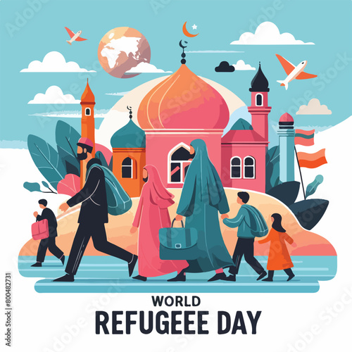 World Refugee Day with Muslim people walking to seek home Flat vector illustration and banner template design.