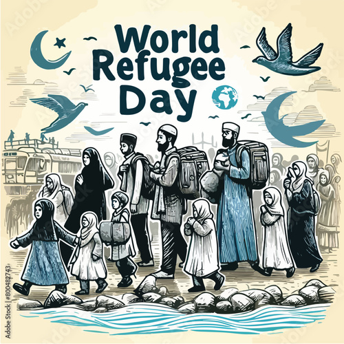 Colorful hand-drawn vector art World Refugee Day banner template with Muslim people walking to seek for house.