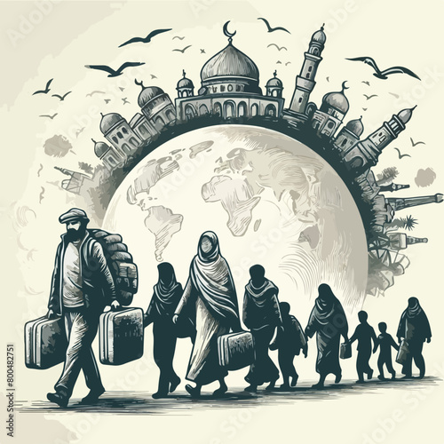 Colorful hand-drawn vector art World Refugee Day banner template with Muslim people walking to seek for house.