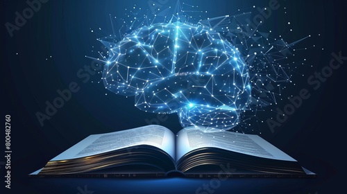 An abstract open book featuring a blue brain, designed in a low-poly style with wireframe light connections. Modern 3D graphic concept depicted in an isolated vector illustration.