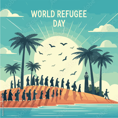 World Refugee Day with Muslim people walking to seek home Flat vector illustration and banner template design.