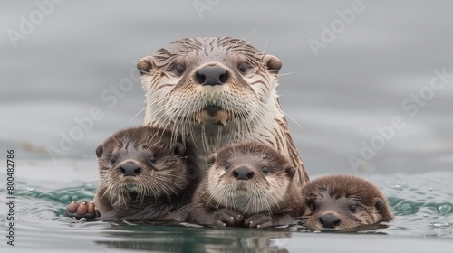   A group of otters bobbing heads above water, gazing at the camera while swimming © Viktor
