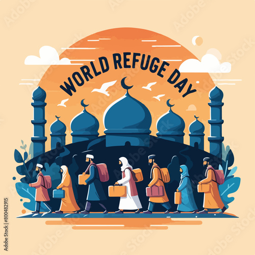 World Refugee Day with Muslim people walking to seek home Flat vector illustration and banner template design.