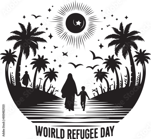 Vector illustration of black Silhouette, palm tree, and sun for World Refugee Day banner and poster template design.