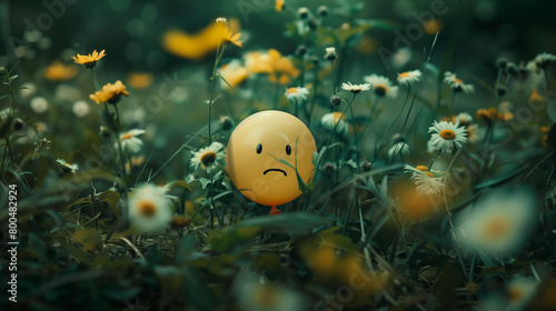 An emoji balloon with a frown expressing unhappiness stands out in a serene field of white daisies, symbolizing sadness in beauty