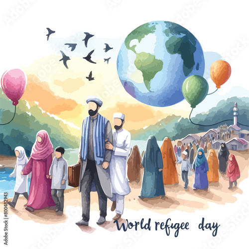 Vibrant Watercolor poster and banner design illustration of World Refugee Day with Muslim people walking to seek home.