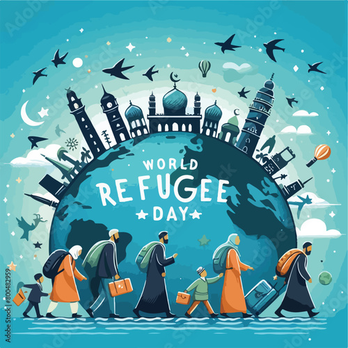 World Refugee Day with Muslim people walking to seek home Flat vector illustration and banner template design.