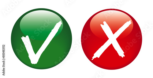 Tick and cross 3D buttons on transparent or white background. Green round glossy checkmark for approval, red for rejection. Decision-making YES and NO options. Vector illustration.