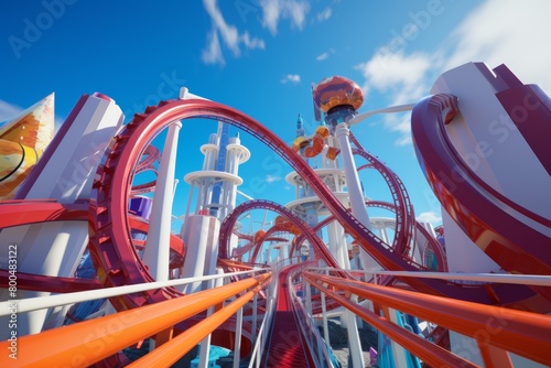 Futuristic amusement park with a roller coaster going through it.