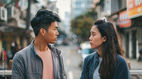 An Asian couple engaging in an argument that leads to a breakup.