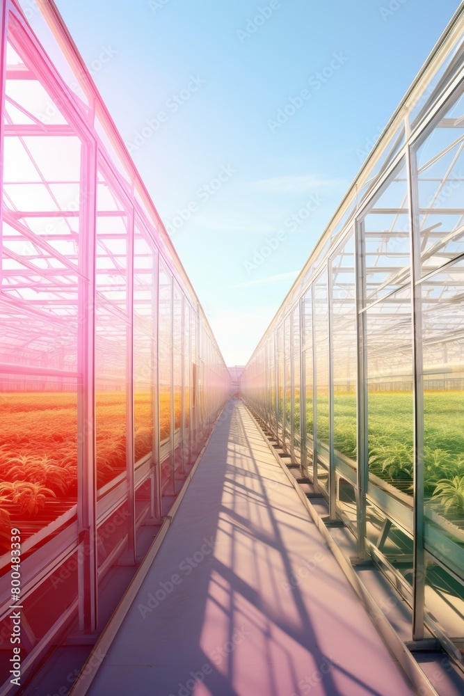 Fototapeta premium Long greenhouse with glass walls and a concrete path down the middle