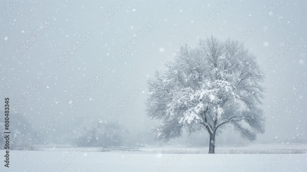 Fototapeta premium A serene winter scene featuring a single tree amidst a gentle snowfall, symbolizing peace and solitude
