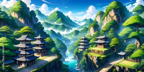 Landscape of mountains and trees  anime background  Asia