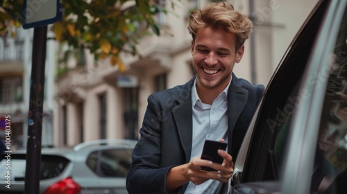 Smiling Man Texting By Car. © VLA Studio